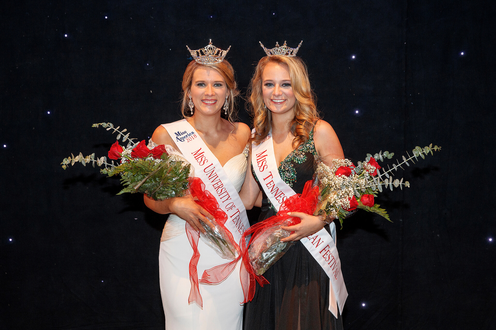 Morgan Martin (left), of Union City, and Katie Hodges, of Henderson, claimed the Miss UT Martin and Miss Tennessee Soybean Festival titles, respectively, during the combined pageant Nov. 11, 2017, at the University of Tennessee at Martin.