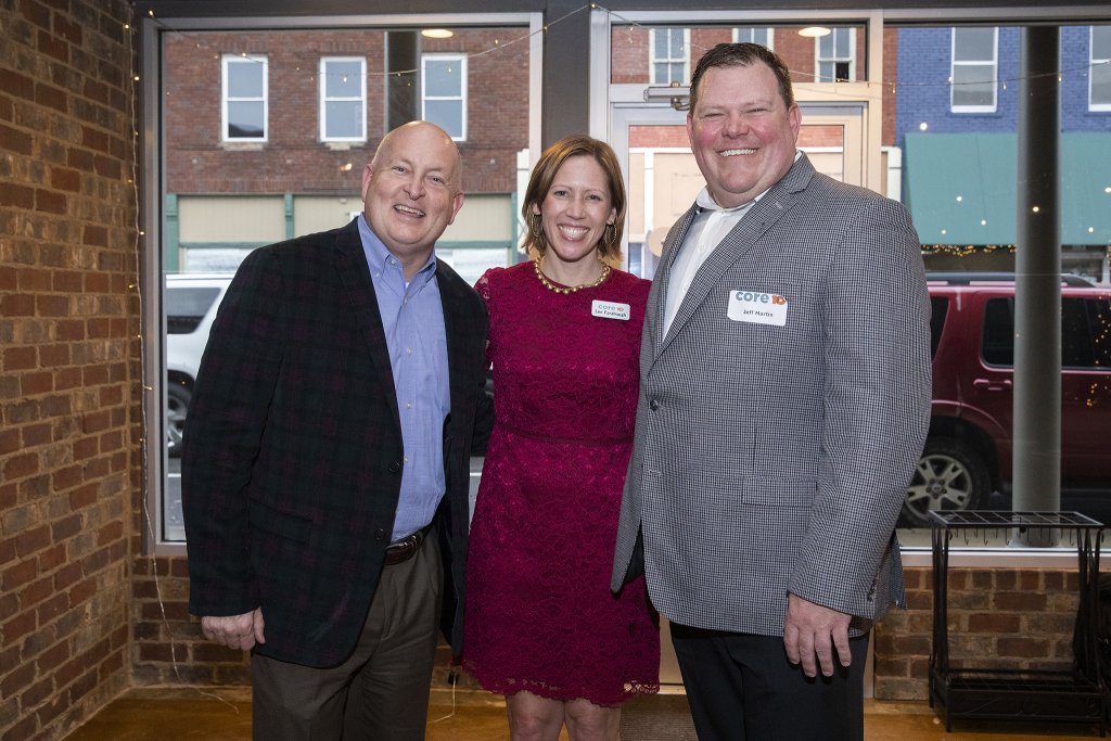 UT Martin Chancellor Keith Carver (left) is pictured with Core10 co-founders Lee Farabaugh (center) and Jeff Martin during the company’s Nov. 30 open house at their newest branch on Lindell Street in downtown Martin.