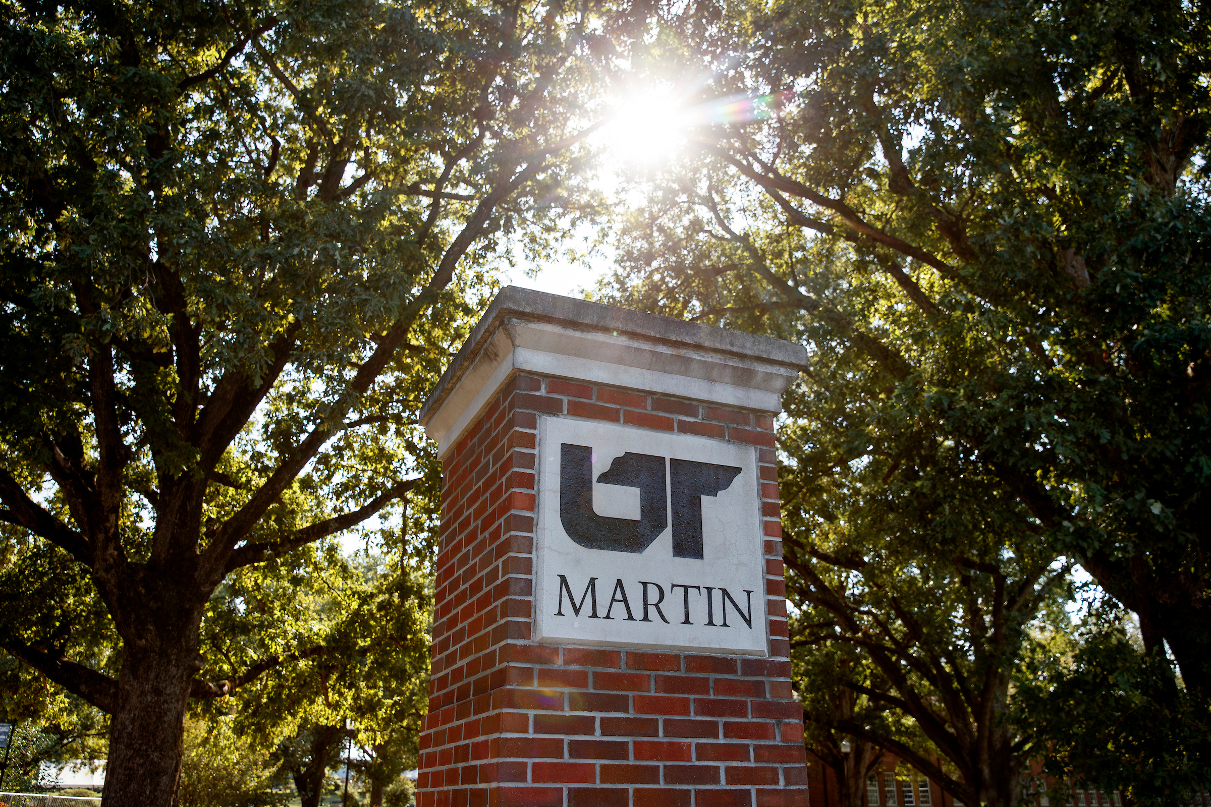 A UT Martin post is shown under trees and a sunny sky.