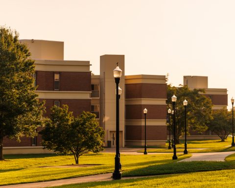 A building and lampposts along a sidewalk are shown.