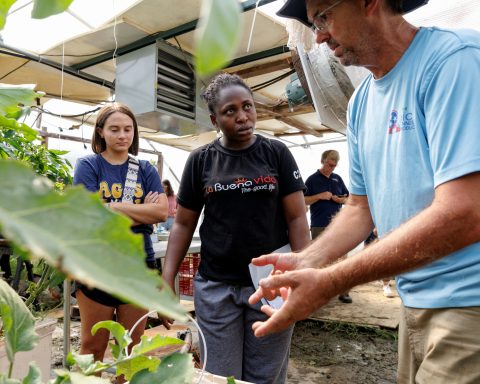 A greenhouse scene with two women listening to a male instructor explaining plant care. One woman looks contemplative while the other appears engaged.