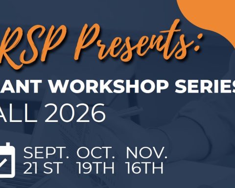 Promotional graphic for the ORSP Fall 2026 Grant Workshop Series. Text reads: “ORSP Presents: Grant Workshop Series, Fall 2026.” Workshop dates are listed as Sept. 21st, Oct. 19th and Nov. 16th. The design uses a dark blue background with orange accents, white text and a calendar icon.
