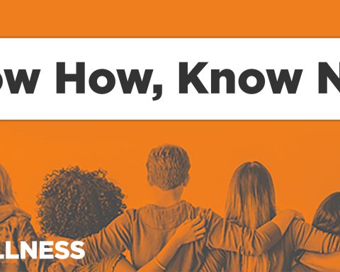 UT Wellness graphic with the headline “Know How, Know Now” above an orange-tinted photo of a diverse group of people standing with their arms around one another. The words “UT WELLNESS” appear in white in the lower left.